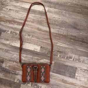 Montana West Western Crossbody Wallet Purse Brown Aztec Studded Buckle NWOT